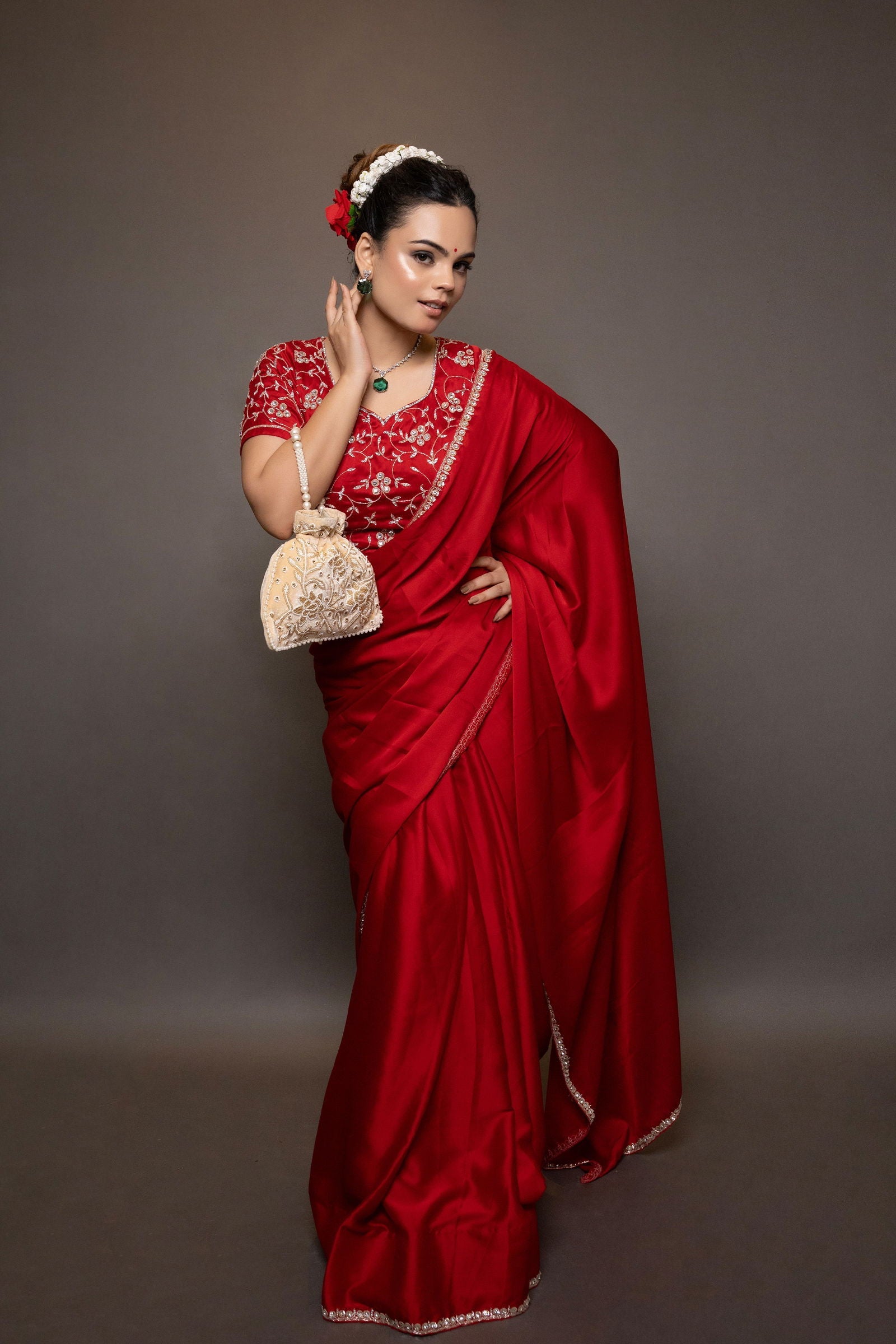 Red Satin Saree with Swarovski Stones and Heavily Embellished Blouse - Mayrake