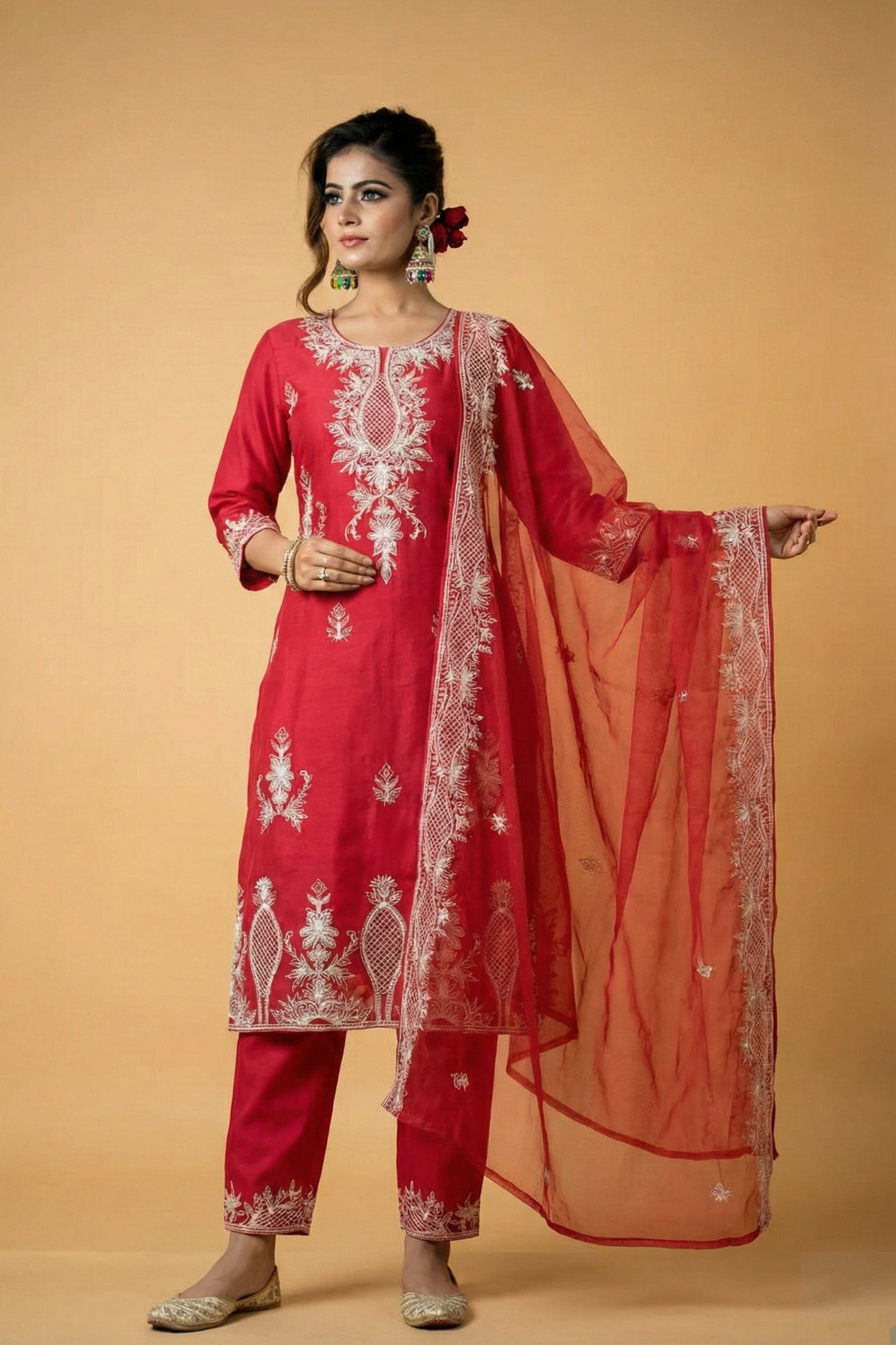 Red Silk Kurta Set with White Lucknowi Embroidery & Intricate Thread Work