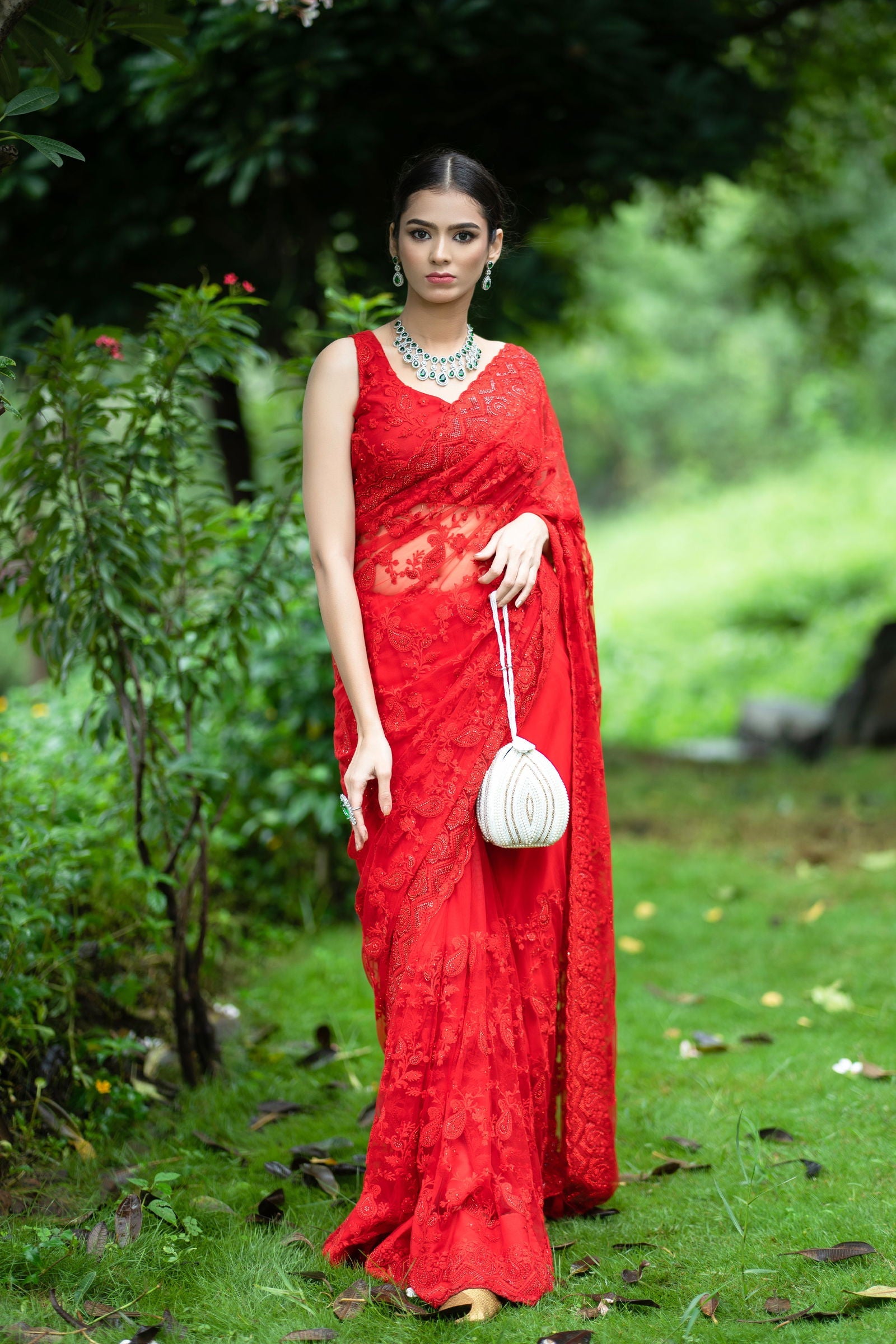 Red Super Net Saree with Heavy threadwork, Swarovski Embellishments with Stitched Designer Blouse - Mayrake