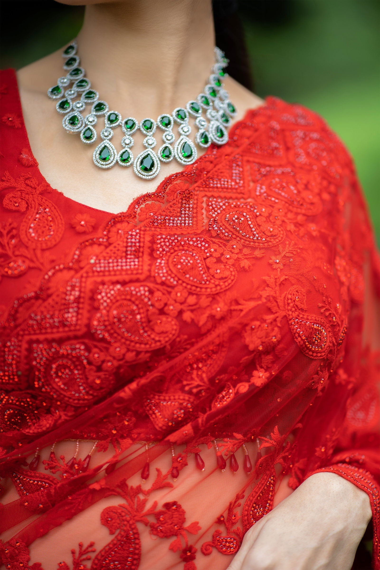 Red Super Net Saree with Heavy threadwork, Swarovski Embellishments with Stitched Designer Blouse - Mayrake
