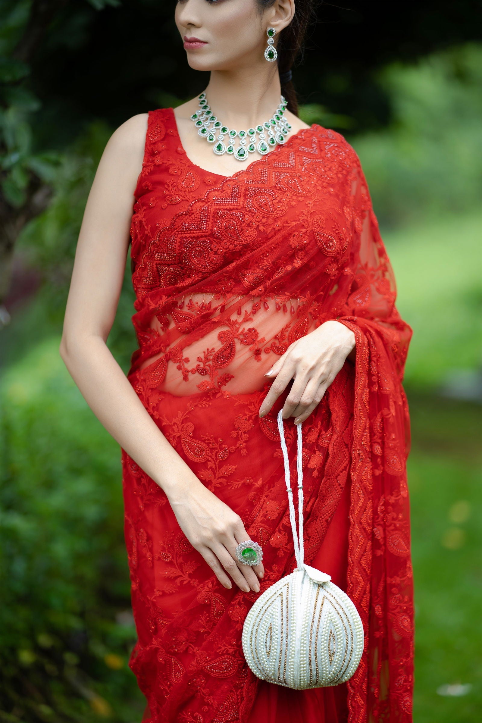 Red Super Net Saree with Heavy threadwork, Swarovski Embellishments with Stitched Designer Blouse - Mayrake