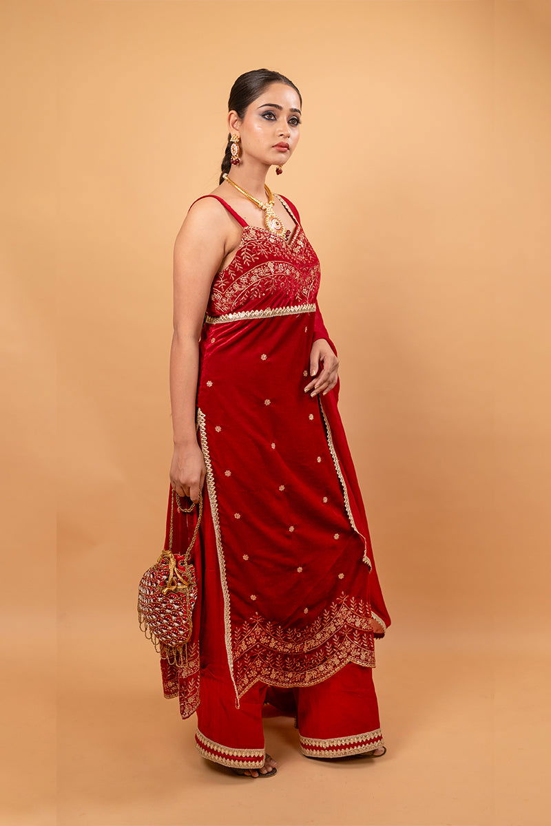 Red Velvet Suit with Embroidered Border, Palazzo Pants, and Matching Dupatta - Mayrake - 