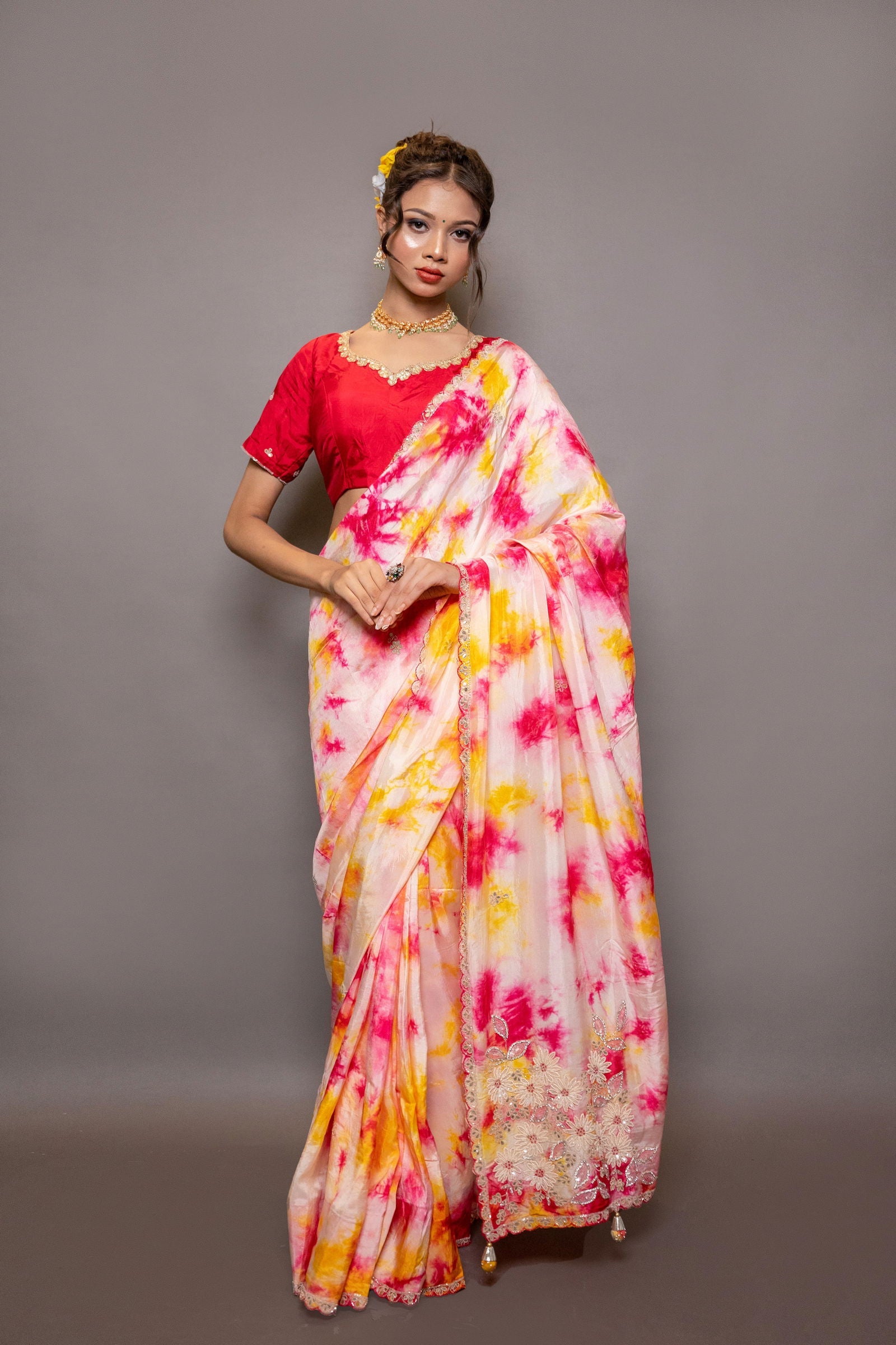 Red and Yellow Boutique Chiffon Saree with Gota Patti Border and Stitched Designer Blouse - Mayrake