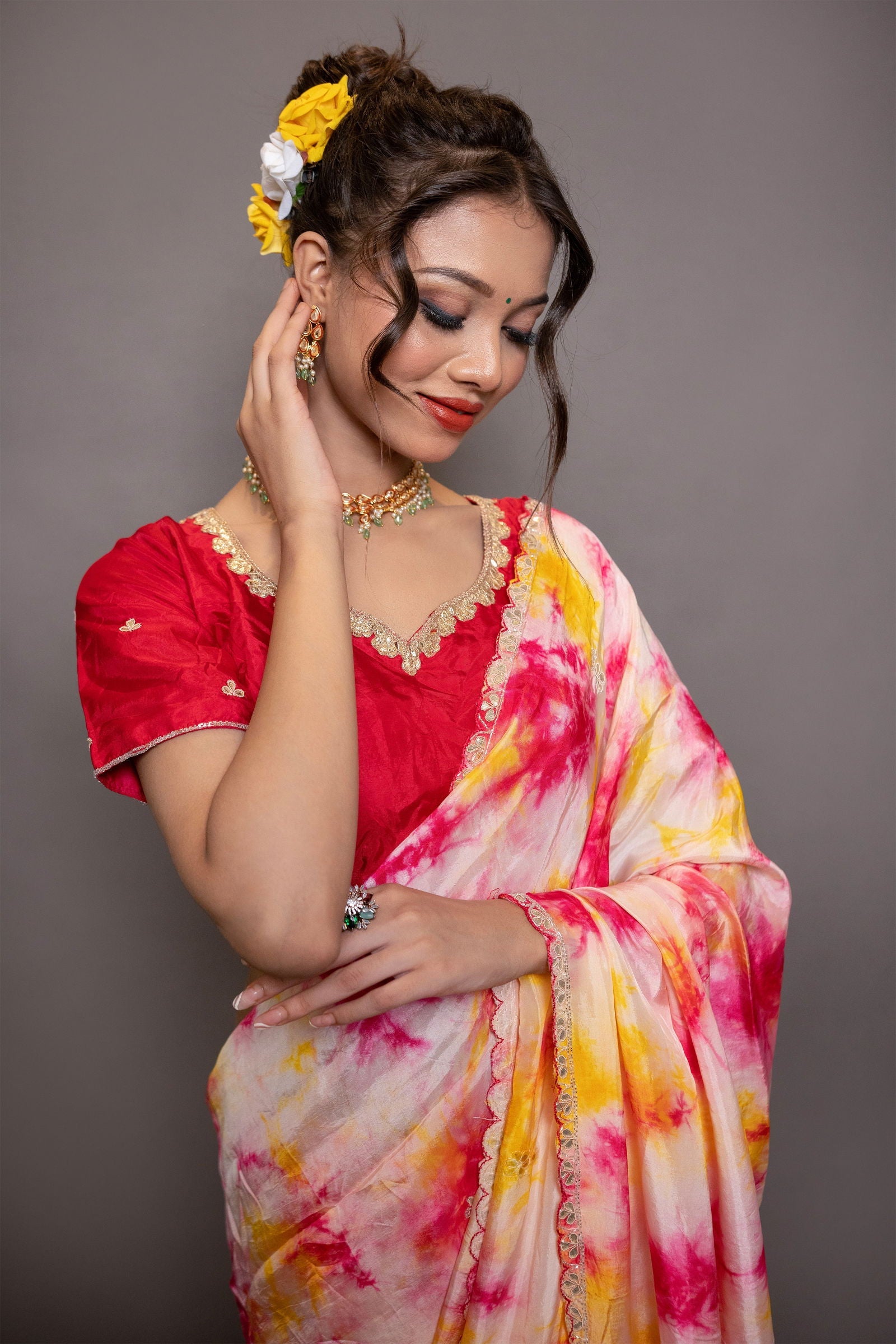 Red and Yellow Boutique Chiffon Saree with Gota Patti Border and Stitched Designer Blouse - Mayrake