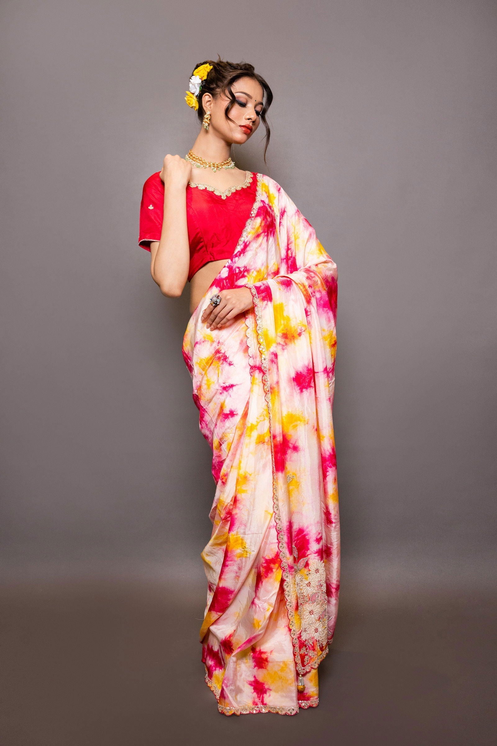 Red and Yellow Dola Silk Saree with Pearl Handwork - Mayrake.in