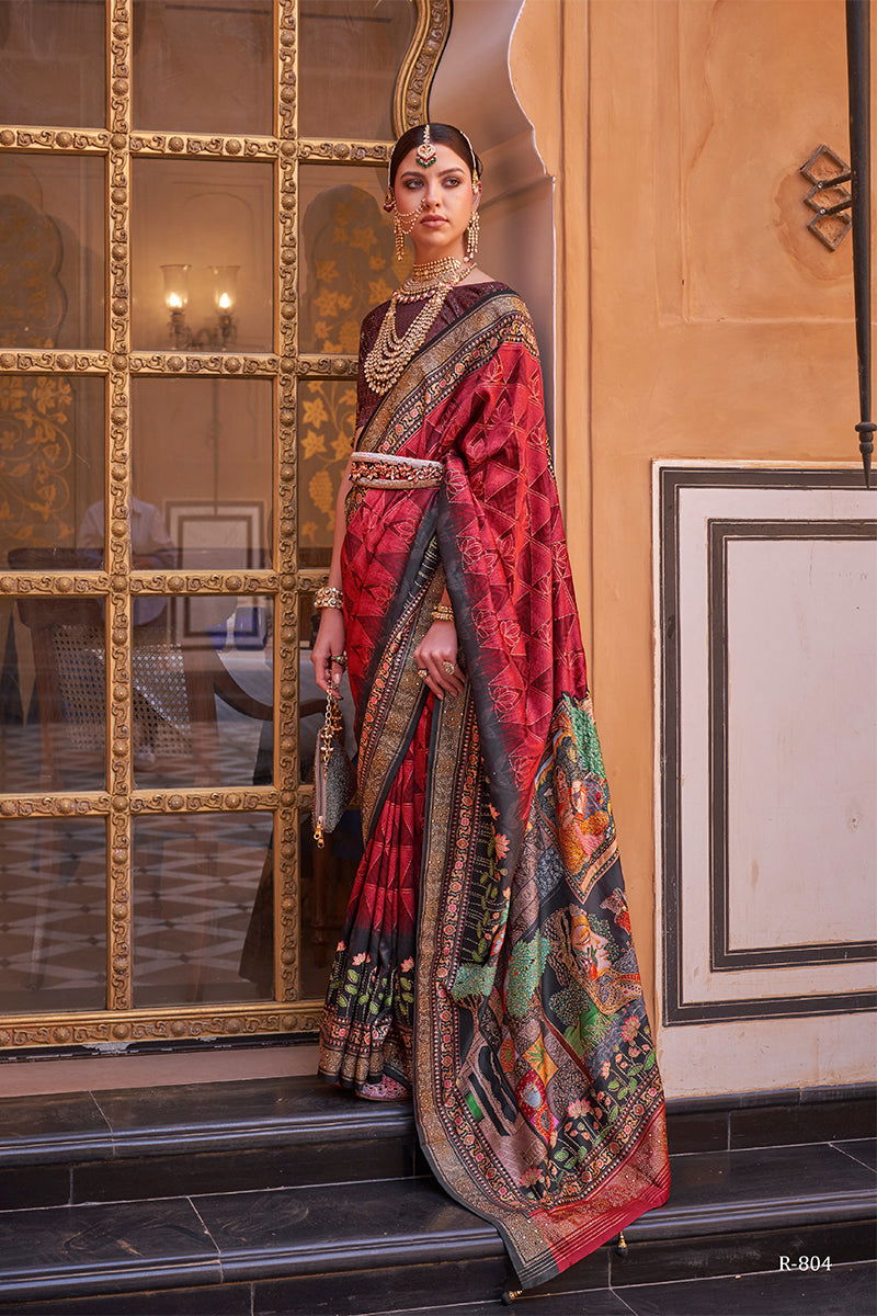 Red with Multi-Color Border Viscose Silk with Exclusive Design and Additional Work - Mayrake - 