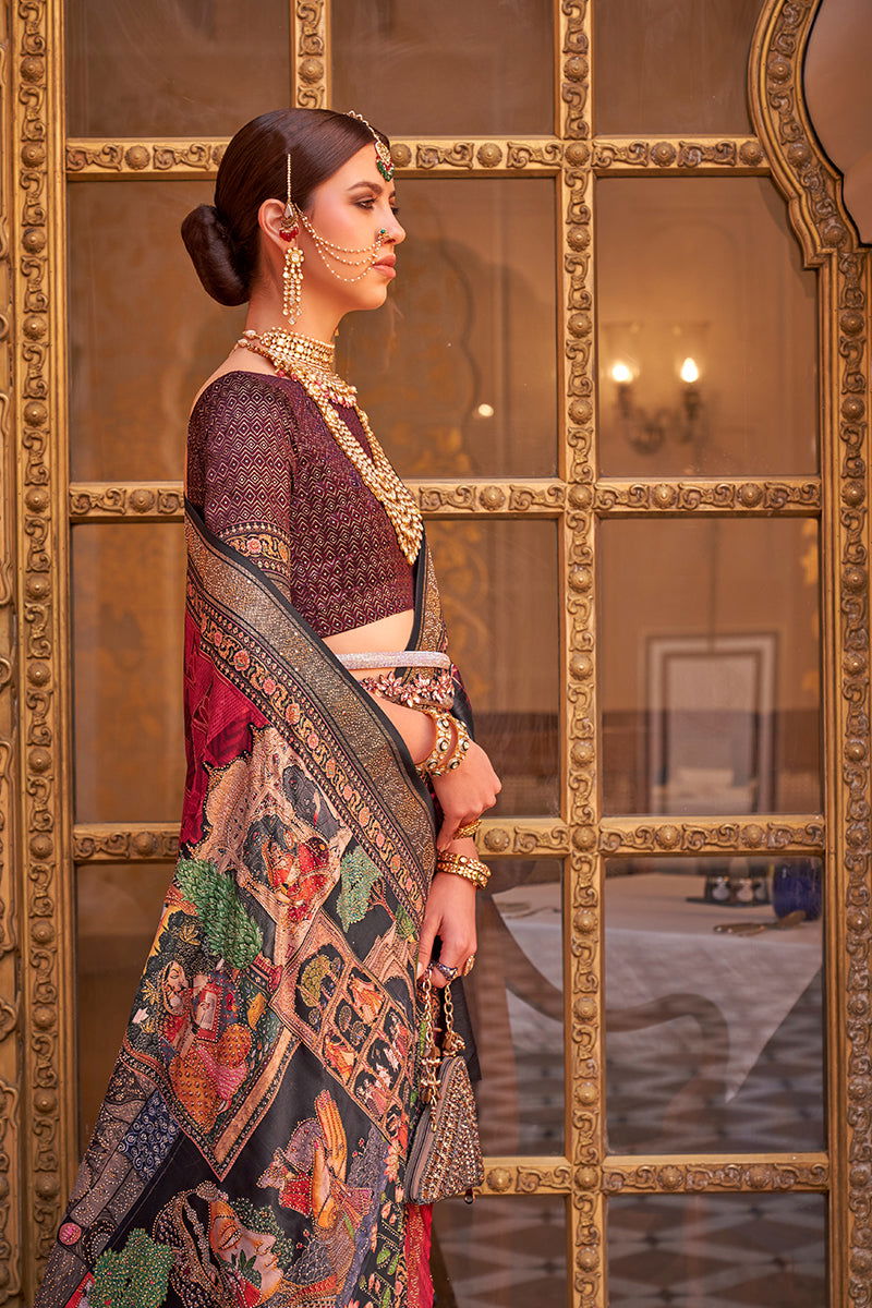 Red with Multi-Color Border Viscose Silk with Exclusive Design and Additional Work - Mayrake - 
