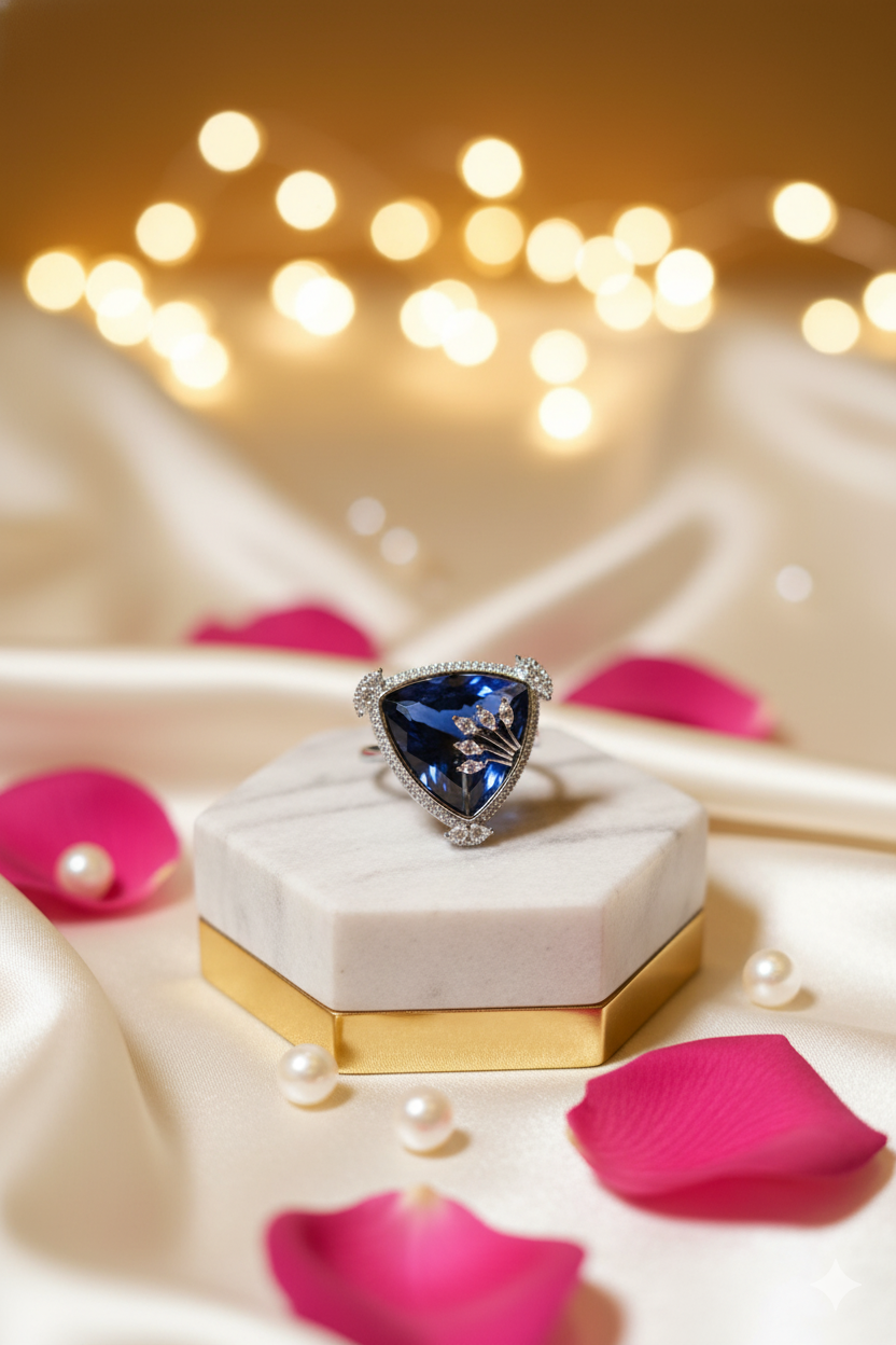 Ring with a blue gemstone on a white cushion with pink petals and blurred lights in the background