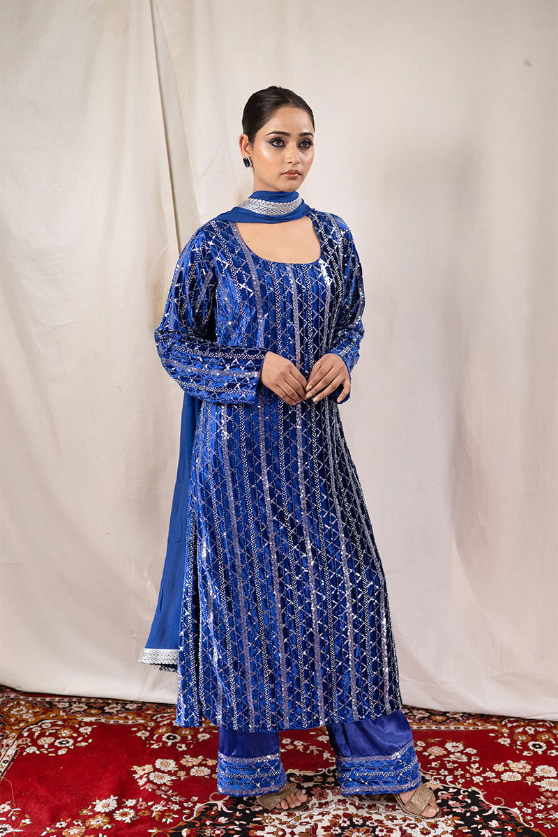 Royal Blue Long Velvet Suit with Full Sequin Work, Palazzo Pants, and Lace Dupatta - Mayrake - 