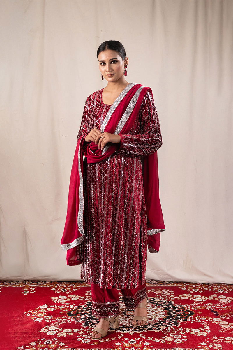 Royal Maroon Velvet Sequined Suit - Mayrake.in