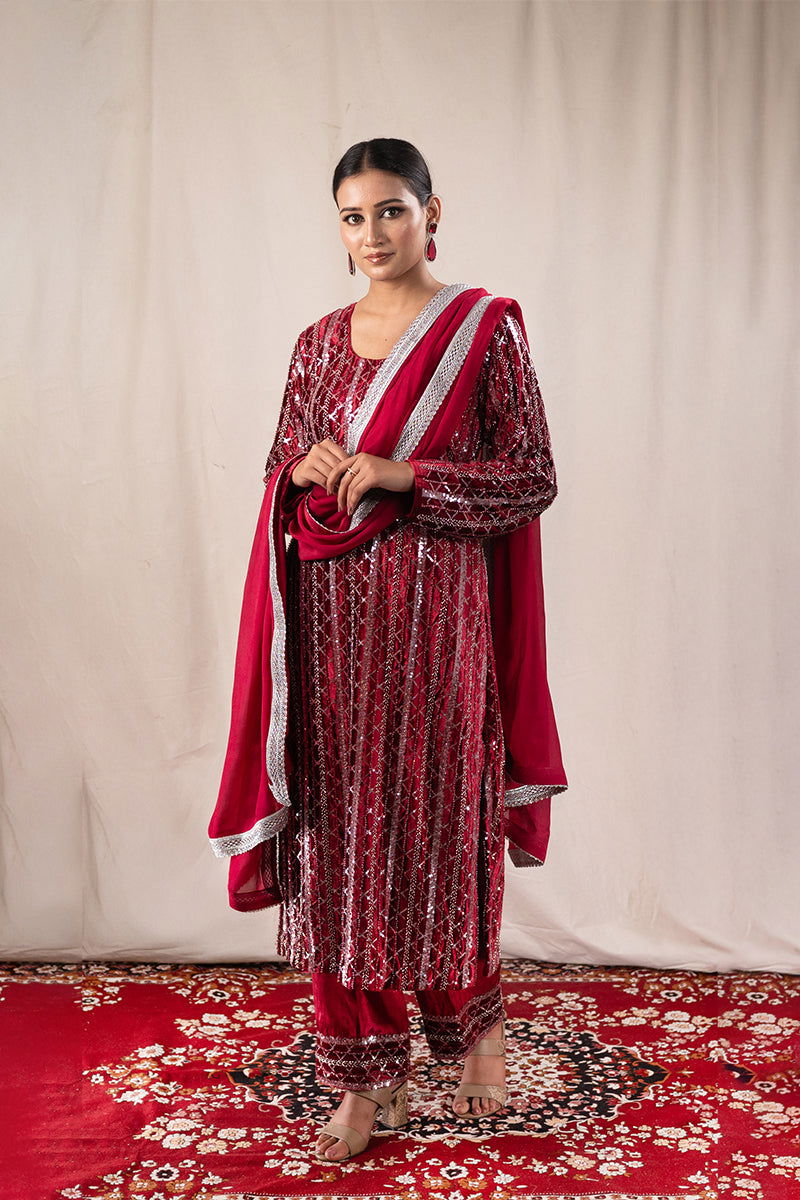 Royal Maroon Velvet Suit with Fully Sequined Kurta, Lace-Embellished Palazzo Pants, and Matching Dupatta - Mayrake - 