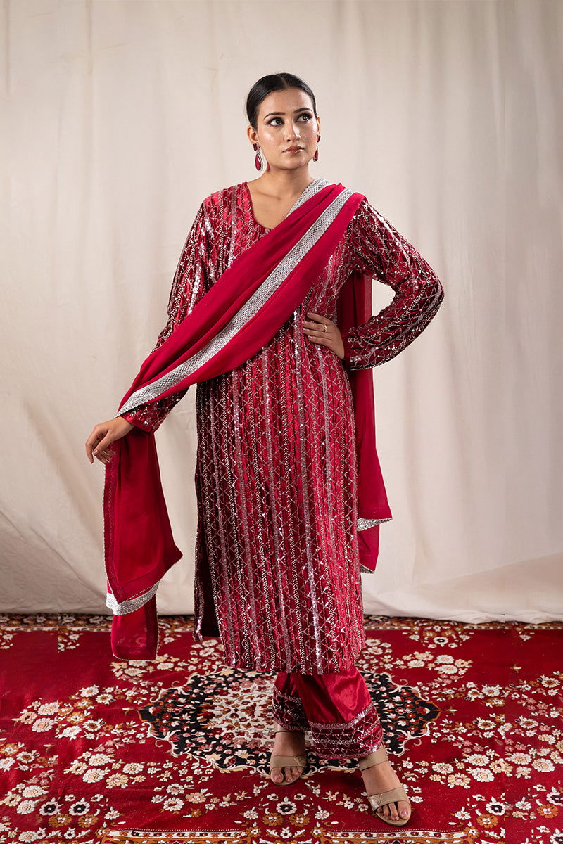 Royal Maroon Velvet Suit with Fully Sequined Kurta, Lace-Embellished Palazzo Pants, and Matching Dupatta - Mayrake - 