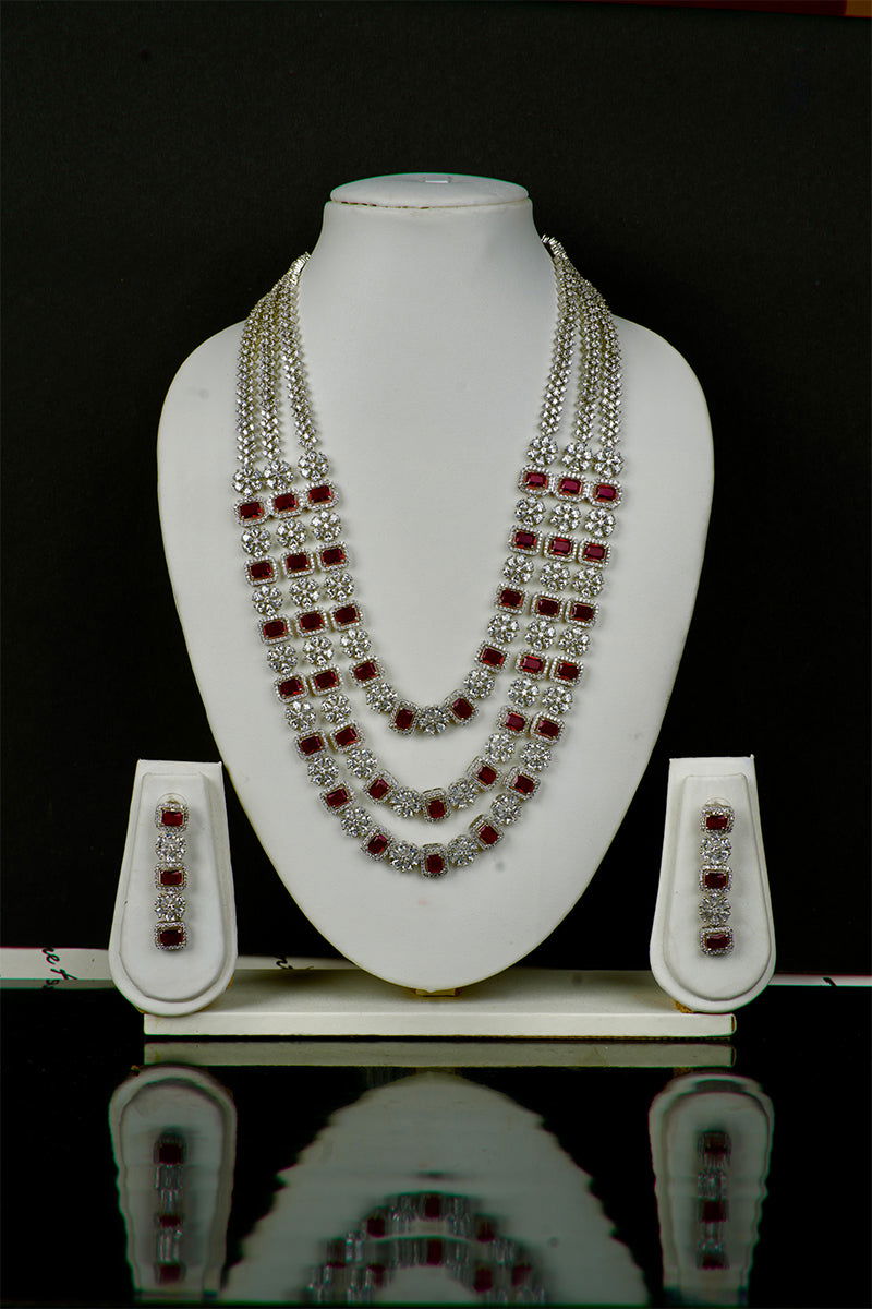 Ruby American Diamond 3-Layer Grand Necklace with Earrings - Mayrake