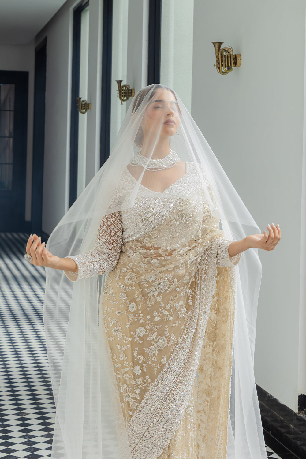 Beige-Cream Net Saree with Sequin & Pearl Embroidery