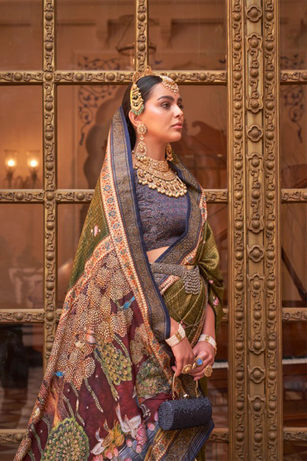 Mehndi Green Raw Silk Saree with Floral Motifs