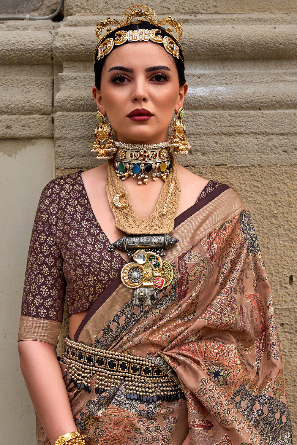 Coffee Brown Raw Silk Saree with Floral Motifs