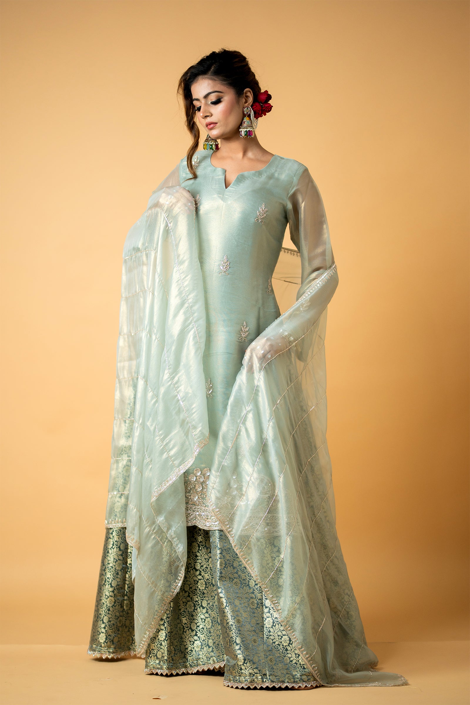 SeaGreenOrganzaKurtaShararaSet_0002