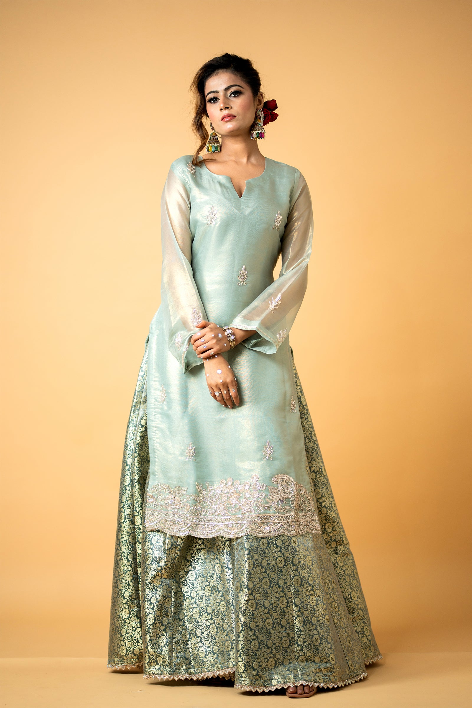 SeaGreenOrganzaKurtaShararaSet_0003