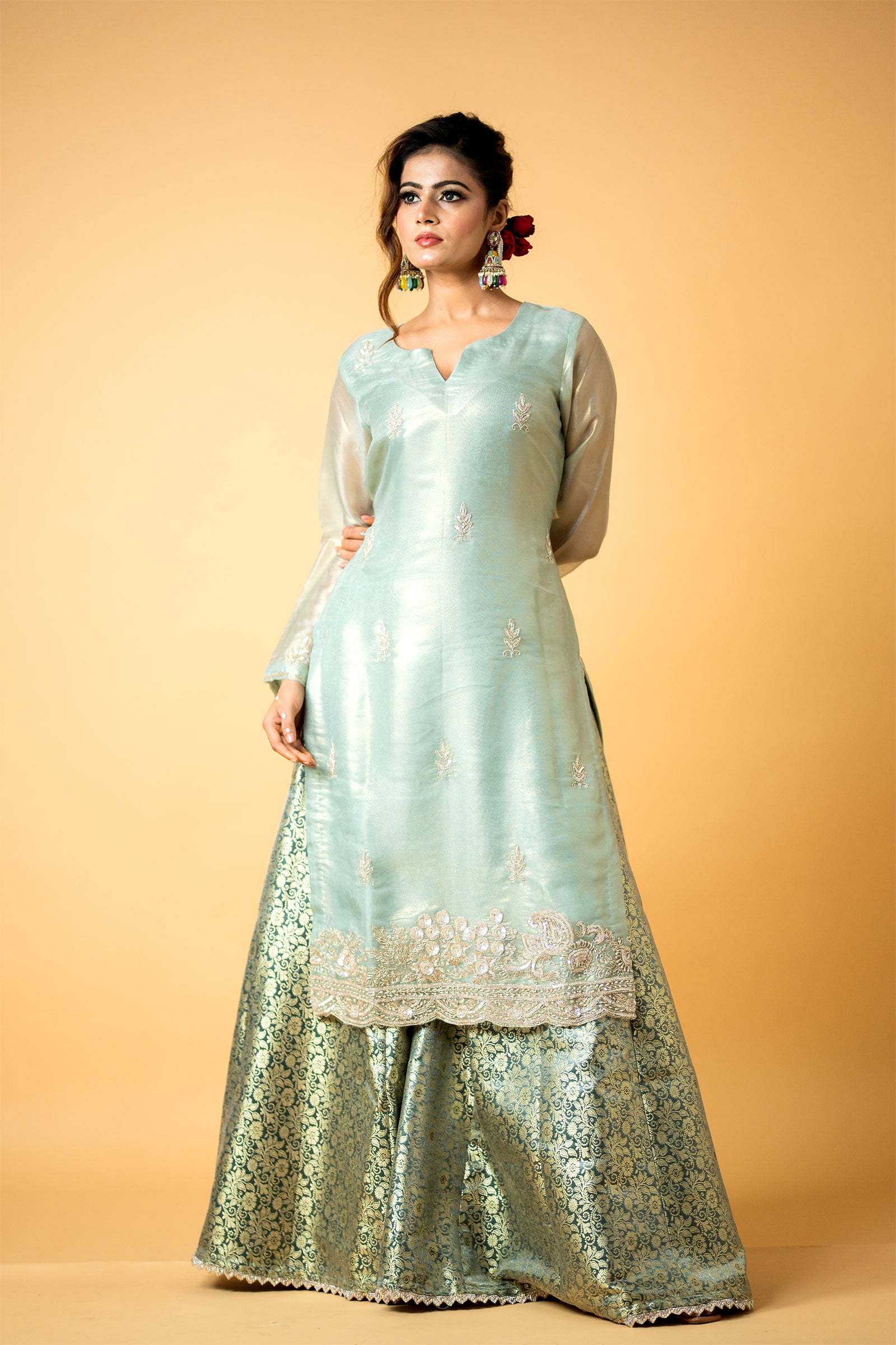 SeaGreenOrganzaKurtaShararaSet_0005