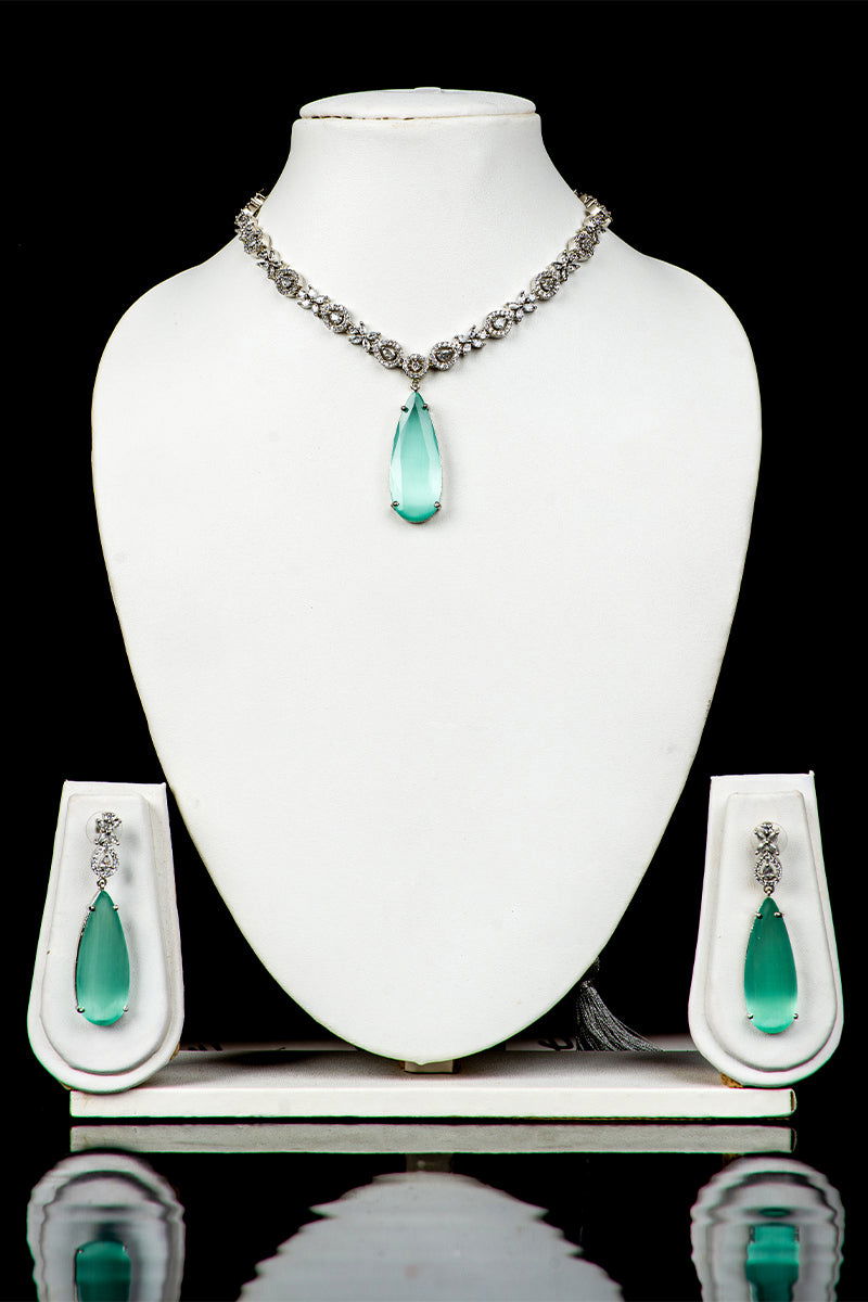 Sea Blue American Diamond Necklace with Earrings - Mayrake