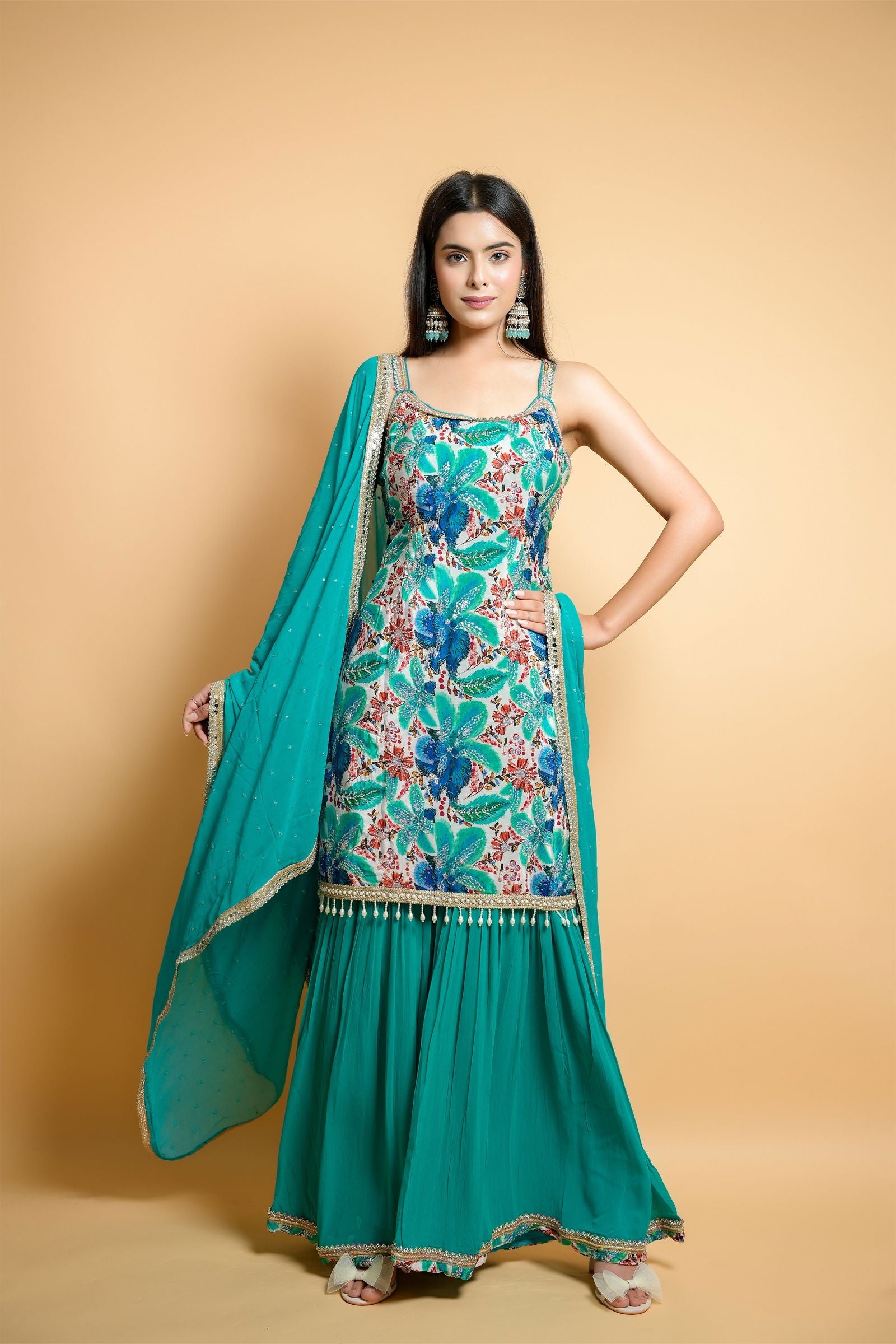 Sea Green Crape Suit with Georgette Detailed Garara and Lace Dupatta - Mayrake