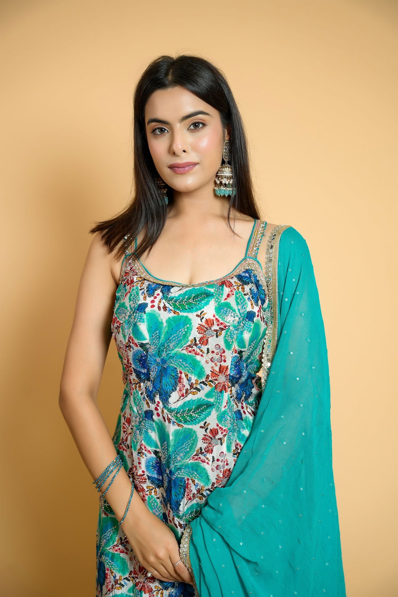 Sea Green Crape Suit with Georgette Detailed Garara and Lace Dupatta - Mayrake