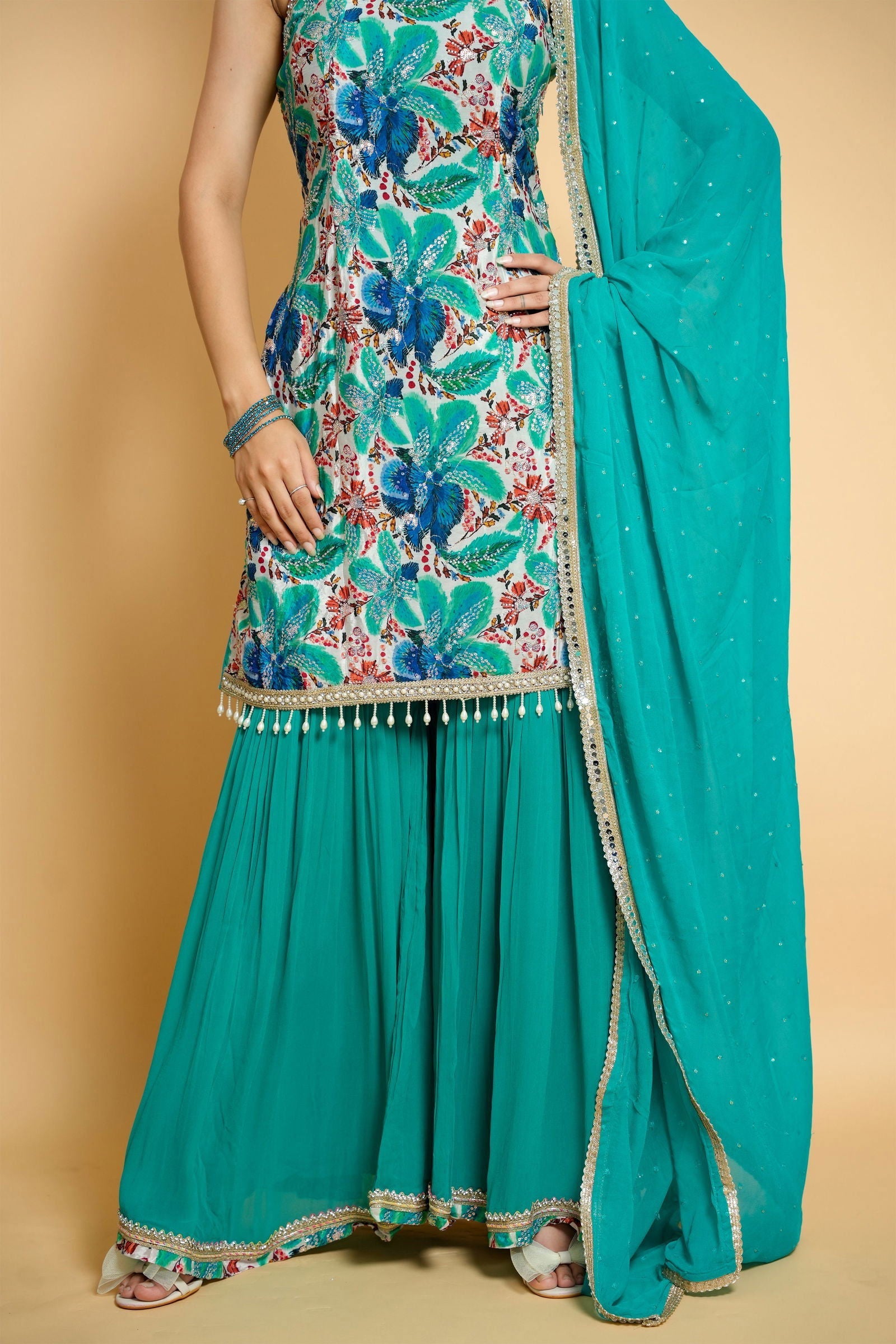 Sea Green Georgette Crepe Garara Suit - Mayrake.in