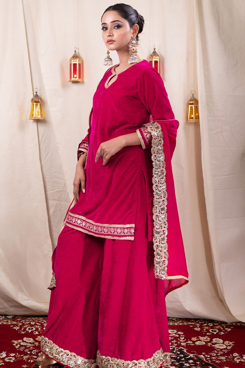 Shimmer Velvet Fuchsia Pink Kurta with Embroidered Lace and Wide Flared Palazzo - Mayrake - 