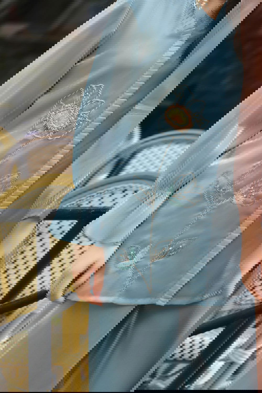 Sky Blue Handwork Viscose Silk Cord-Set Suit with Pant with Pocket - Mayrake.in