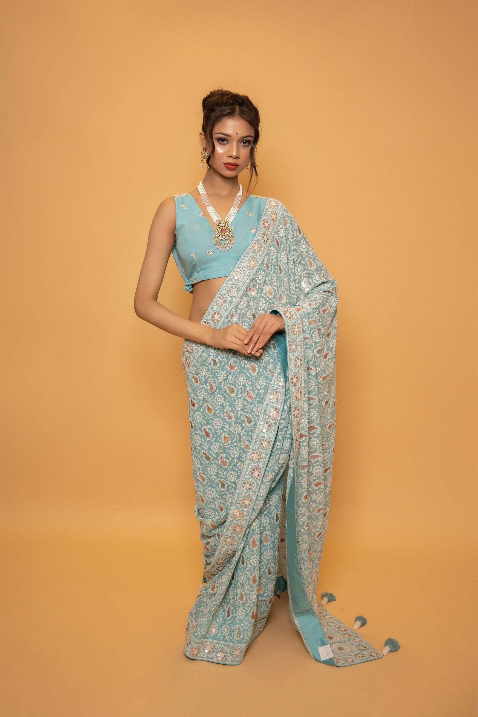 Sky Blue Lucknowi Saree with Multicolored Sequin Rangat and Heavy Designer Blouse - Mayrake