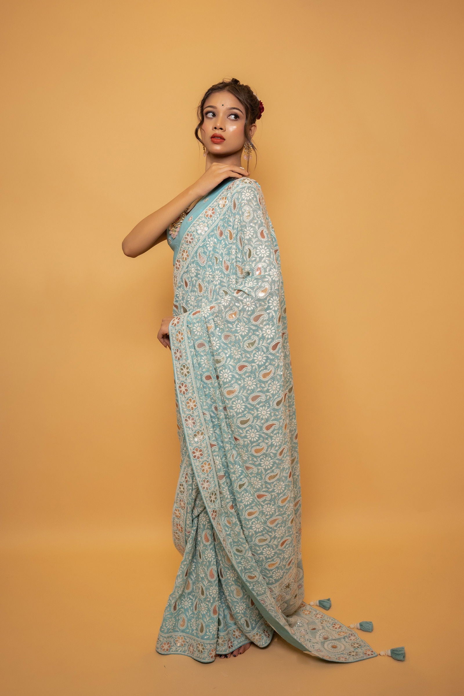 Sky Blue Lucknowi Saree with Multicolored Sequin Rangat and Heavy Designer Blouse - Mayrake