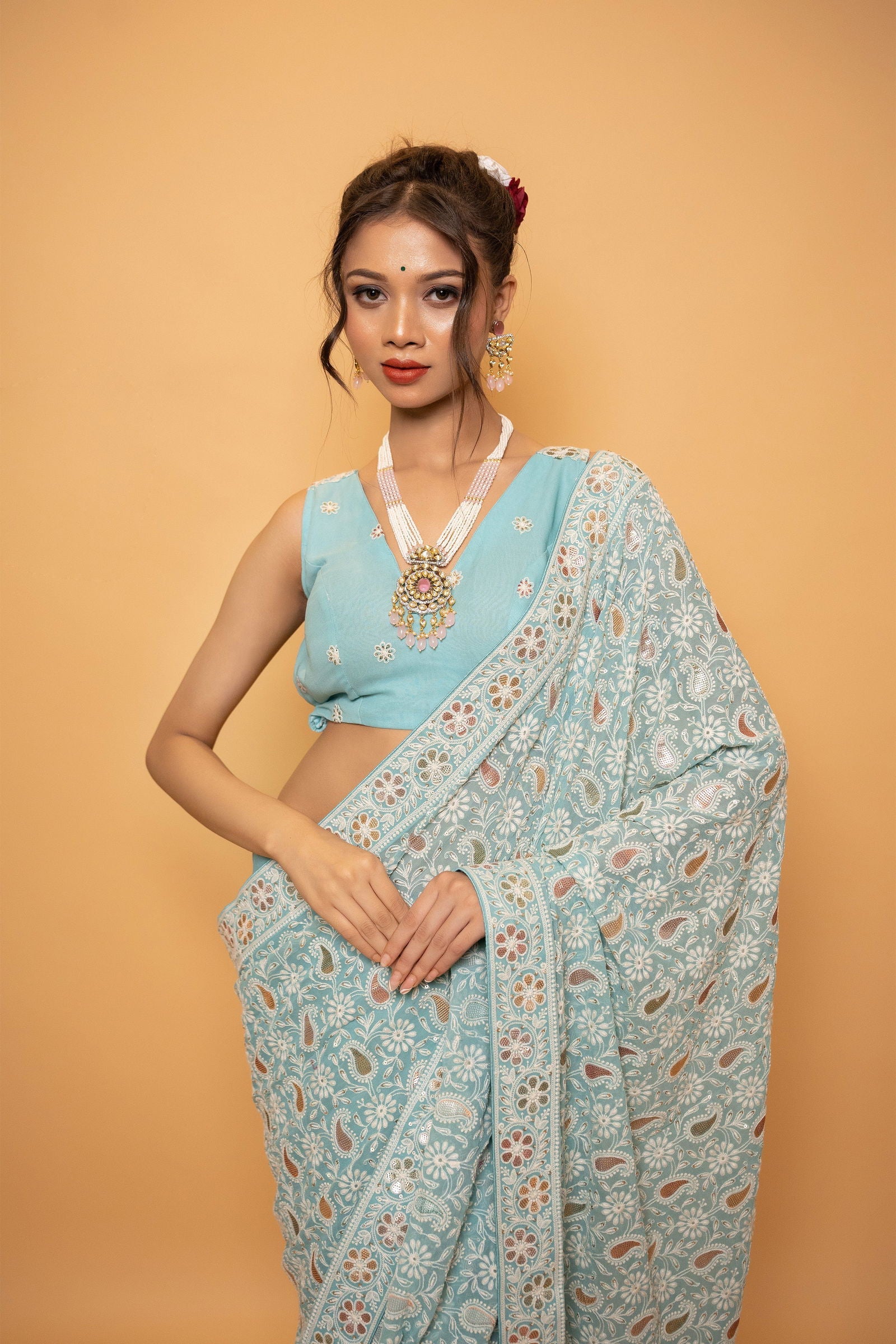 Sky Blue Lucknowi Saree with Multicolored Sequin Rangat and Heavy Designer Blouse - Mayrake