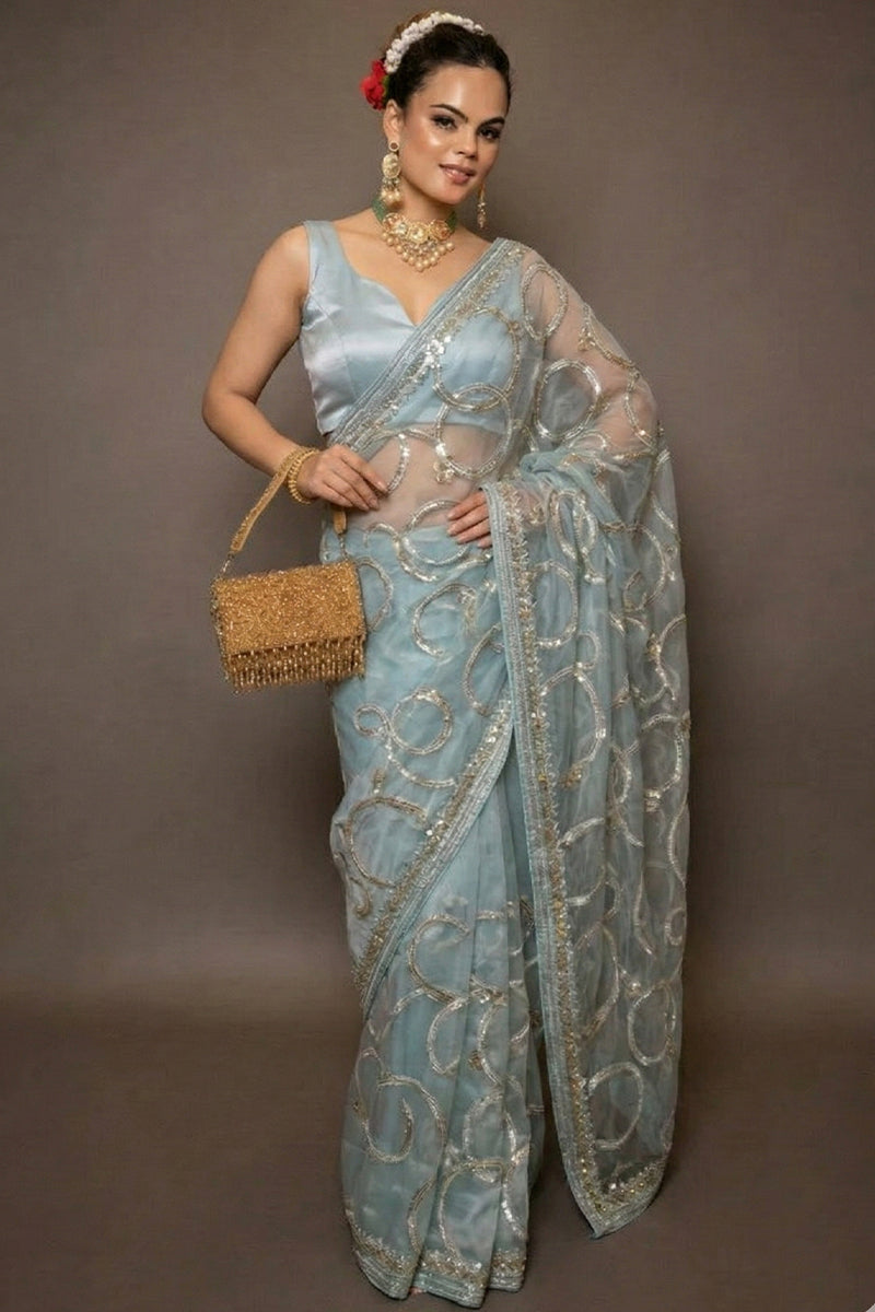 Sky Blue Super Net Saree With Swarovski Work with Stitched Blouse
