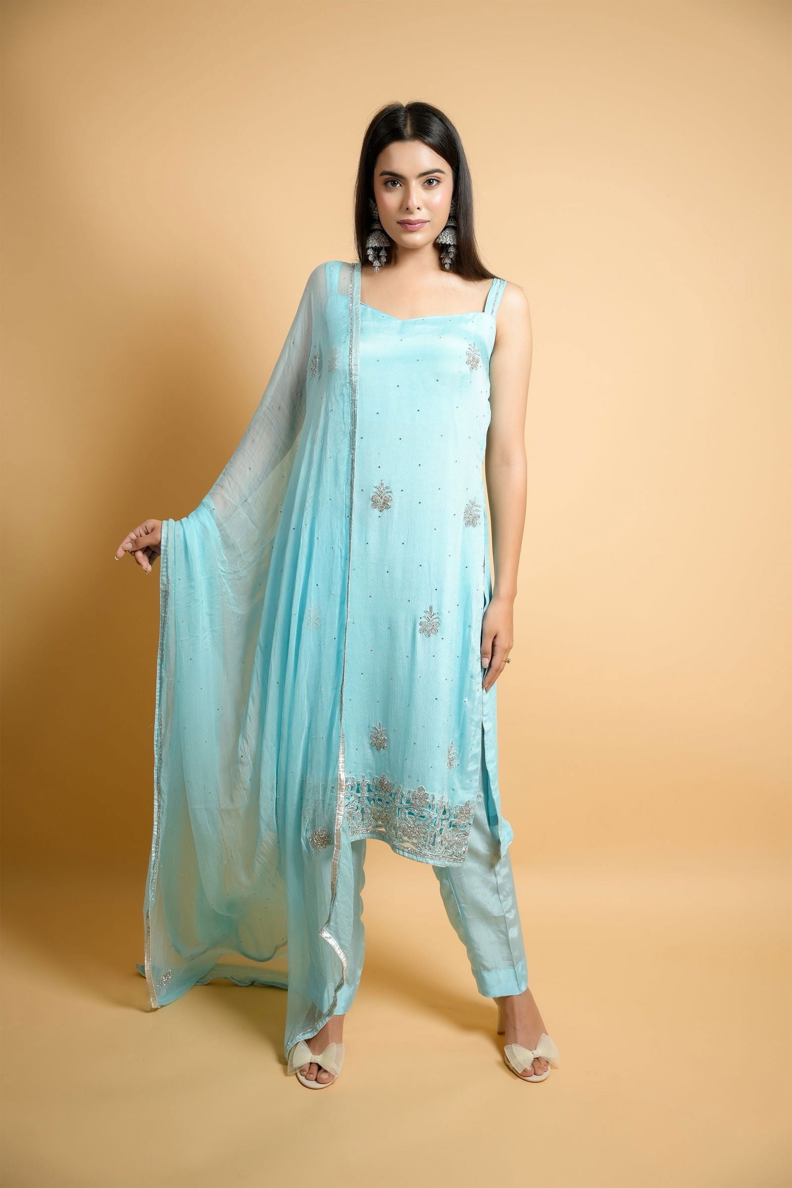 Sky Blue Swarovski Cutwork Suit with Padded Sleeveless Design - Mayrake.in