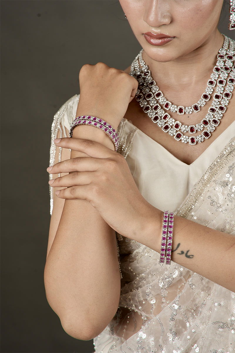 Sparkling AD Bangles with Ruby Stones – Set of Four - Mayrake