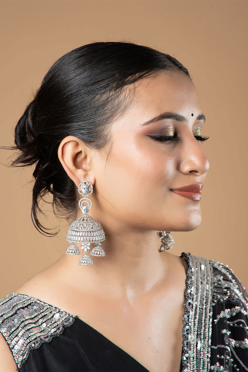 Sparkling AD Multi-Layer Big Jhumka Earrings - Mayrake.in