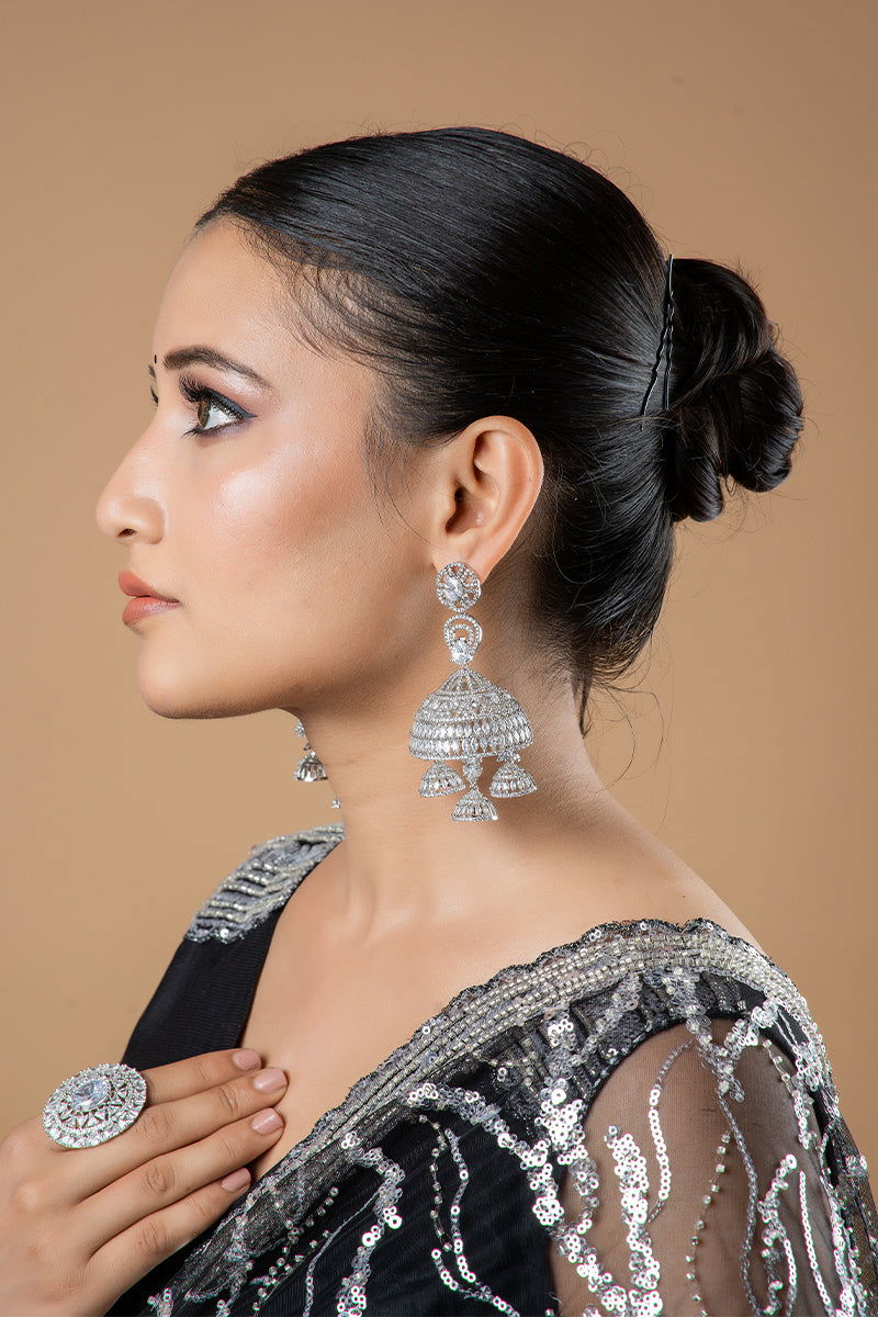 Sparkling AD Multi-Layer Big Jhumka Earrings - Mayrake.in