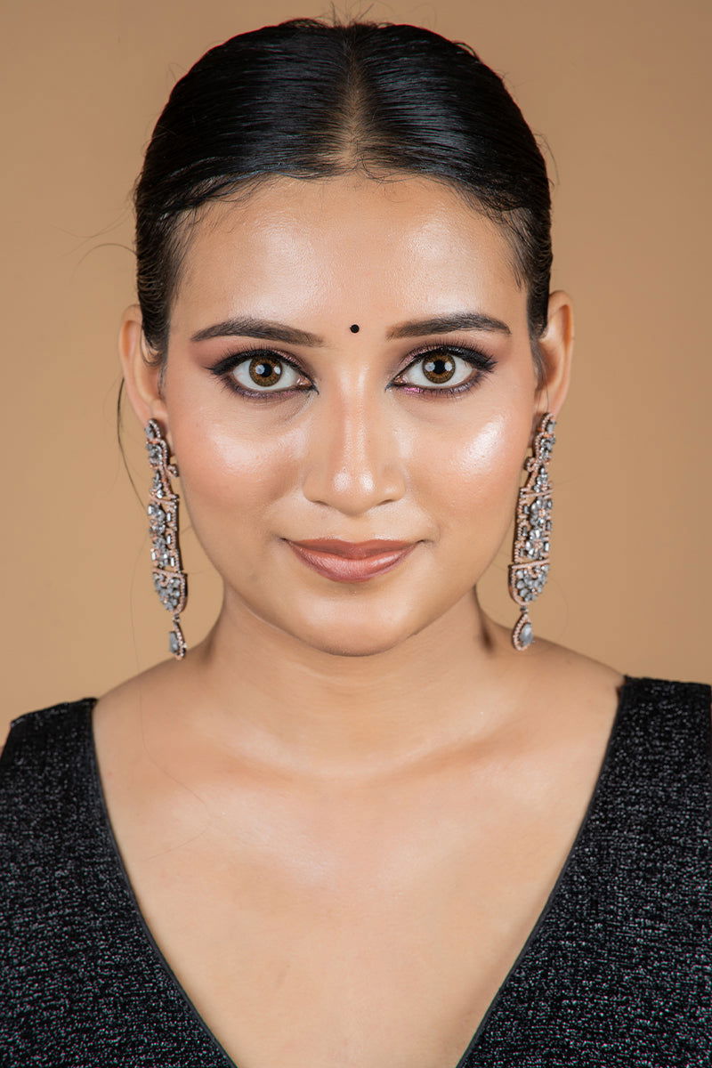 Sparkling Long AD Earrings with Swarovski Stones and Teardrop Accents - Mayrake