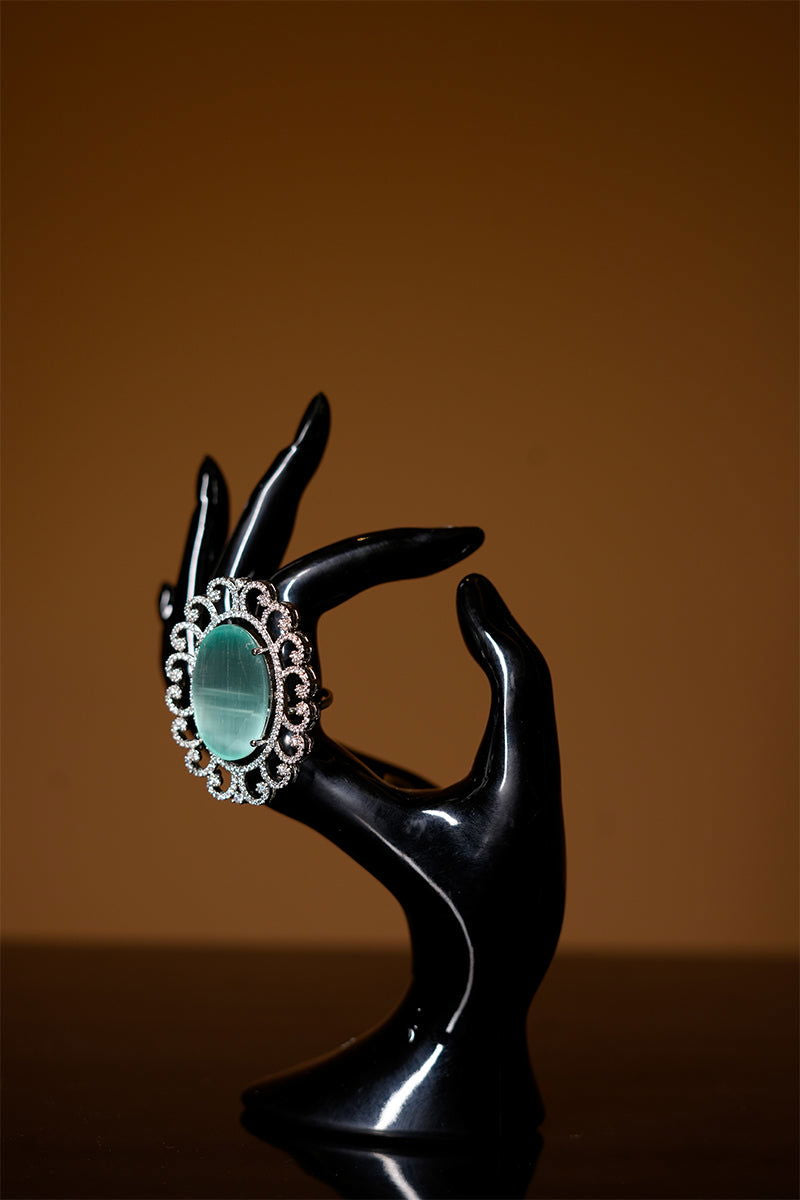 Star Cut American Diamond Ring with Oval-Shaped Sea Green Synthetic Stone - Mayrake