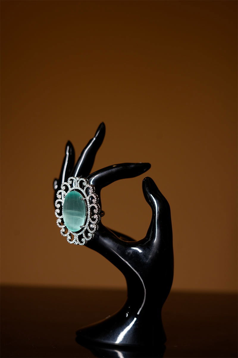 Star Cut American Diamond Ring with Oval-Shaped Sea Green Synthetic Stone - Mayrake