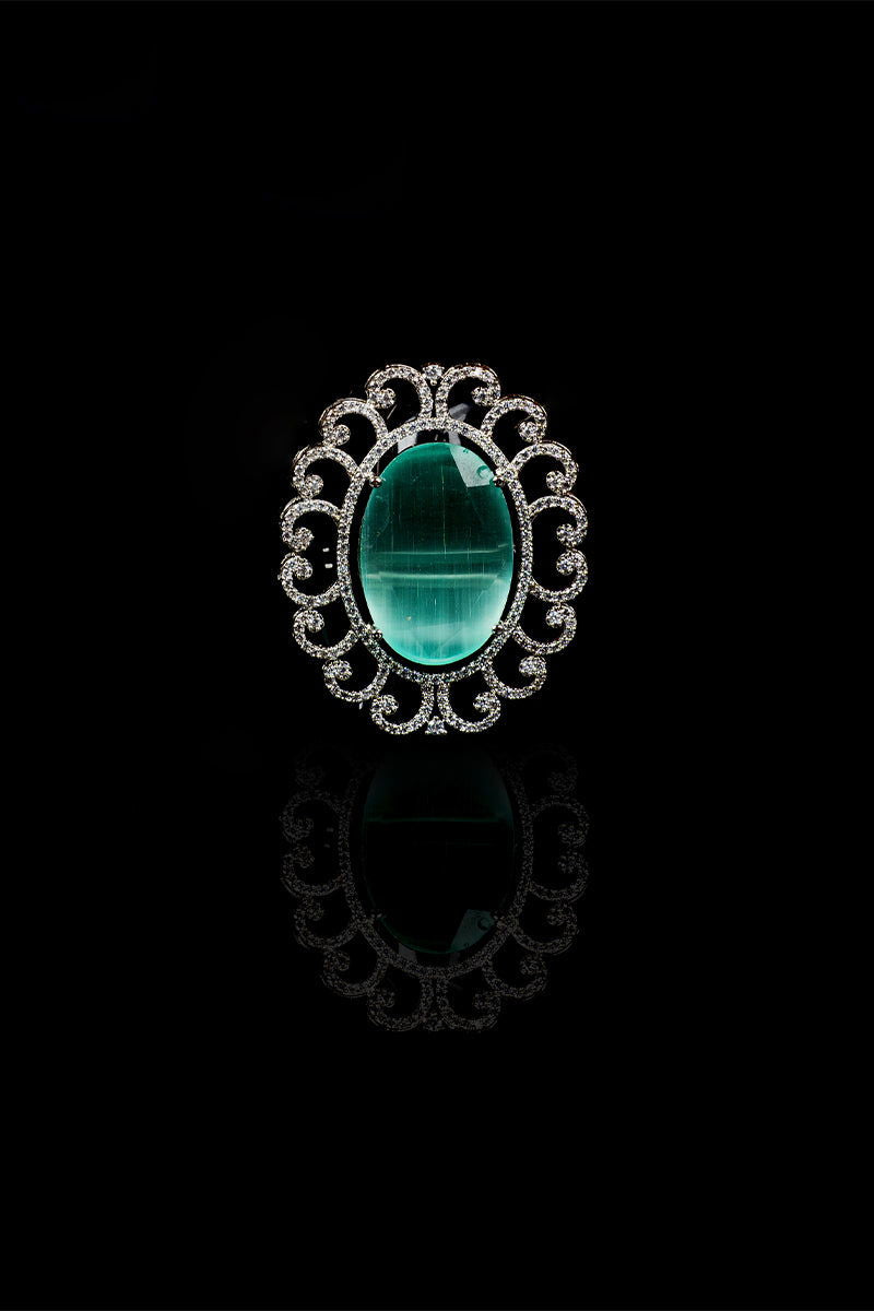 Star Cut American Diamond Ring with Oval-Shaped Sea Green Synthetic Stone - Mayrake