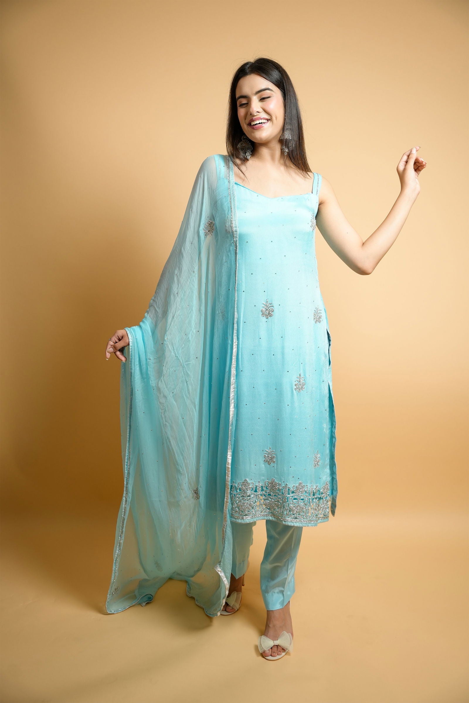 Swarovski Cutwork Sky Blue Georgette Suit with Matching Pants and Embroidered Dupatta - Mayrake