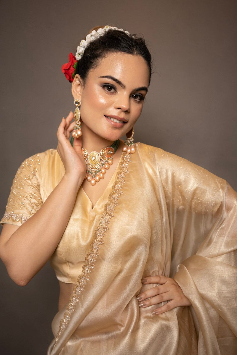 Golden Tissue Saree With Sequined Handwork