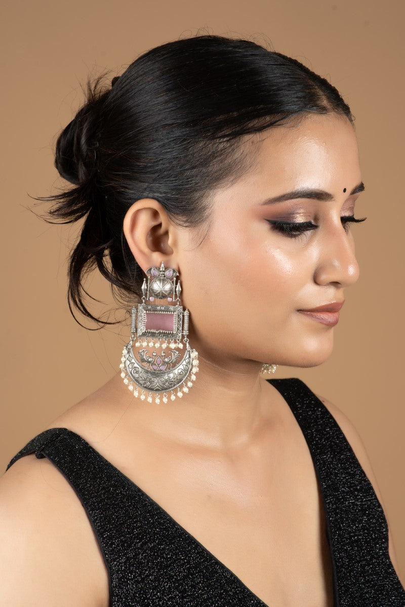 Elegant Oxidized Metal Pink Stones Hanging Pearls Chandbali Jewellery