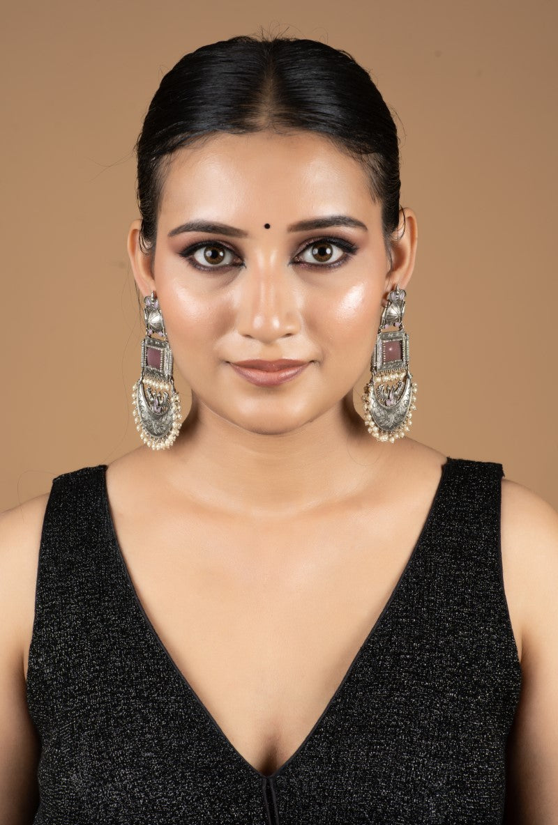 Elegant Oxidized Metal Pink Stones Hanging Pearls Chandbali Jewellery