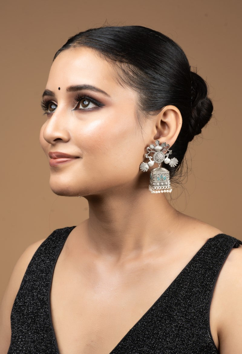 Elegant Oxidized Metal Square Jhumka Jewellery with Meenakari and Suspended Pearls