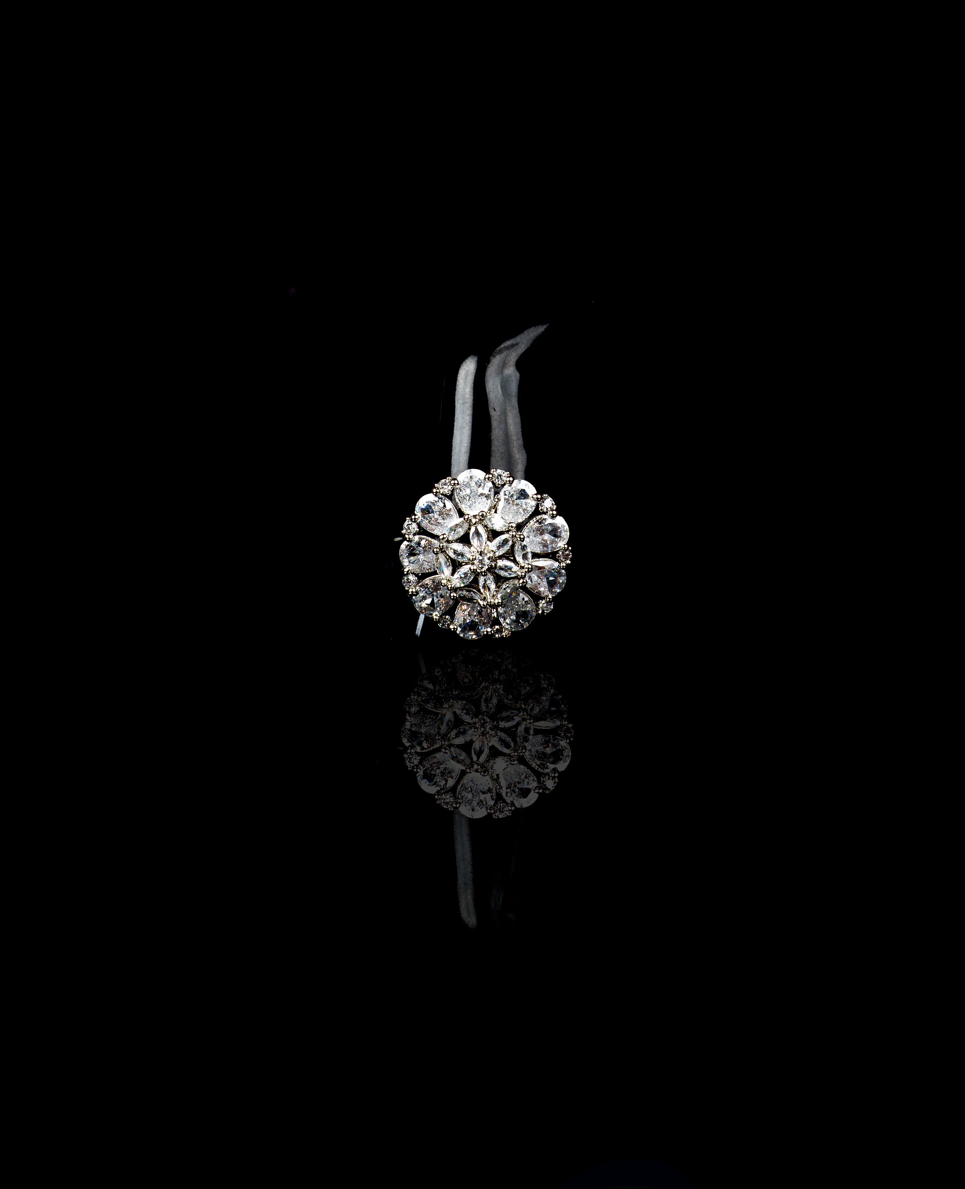 Silver-Colored American Diamond Round Shaped Multiple Stone Jewellery Ring