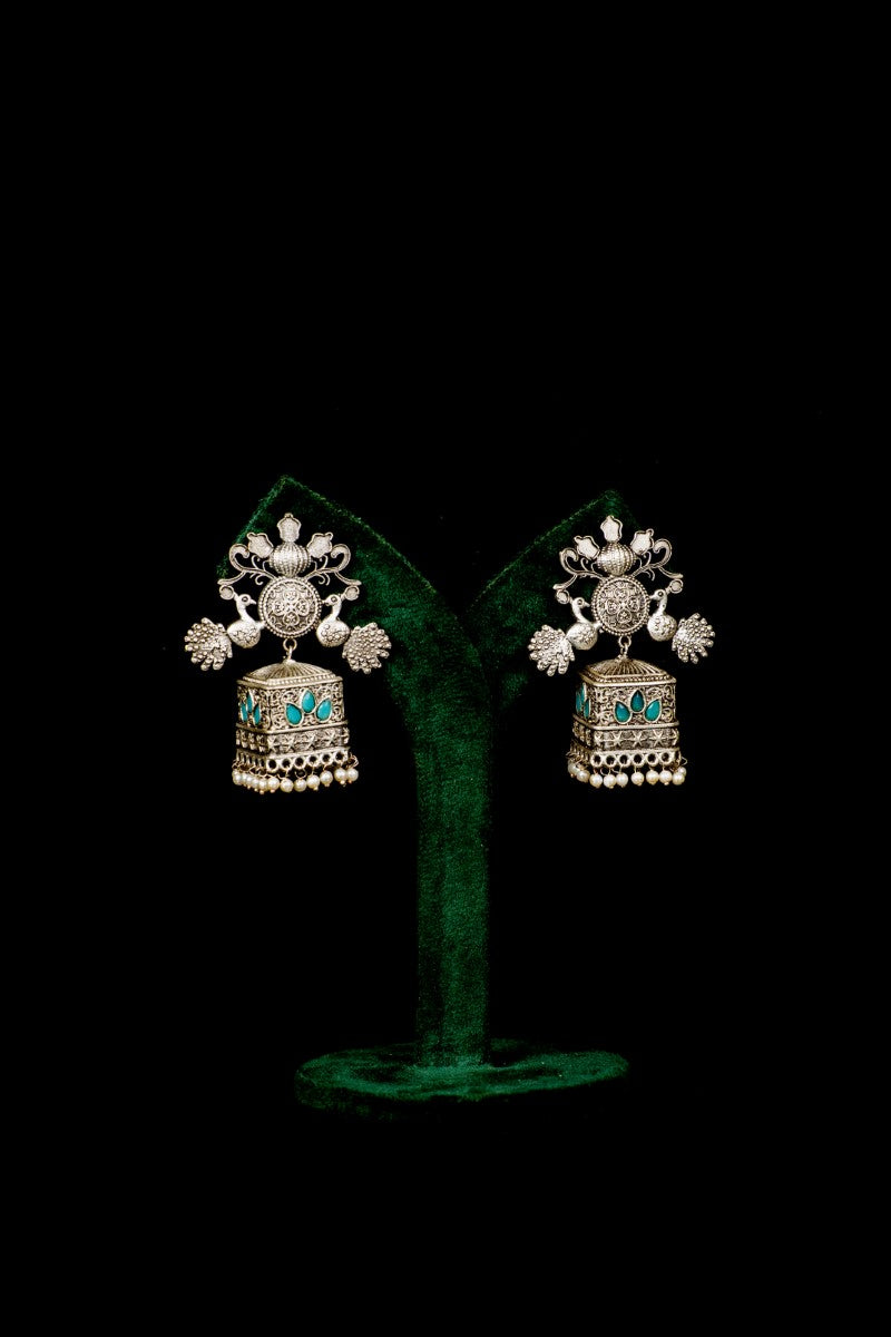 Elegant Oxidized Metal Square Jhumka Jewellery with Meenakari and Suspended Pearls