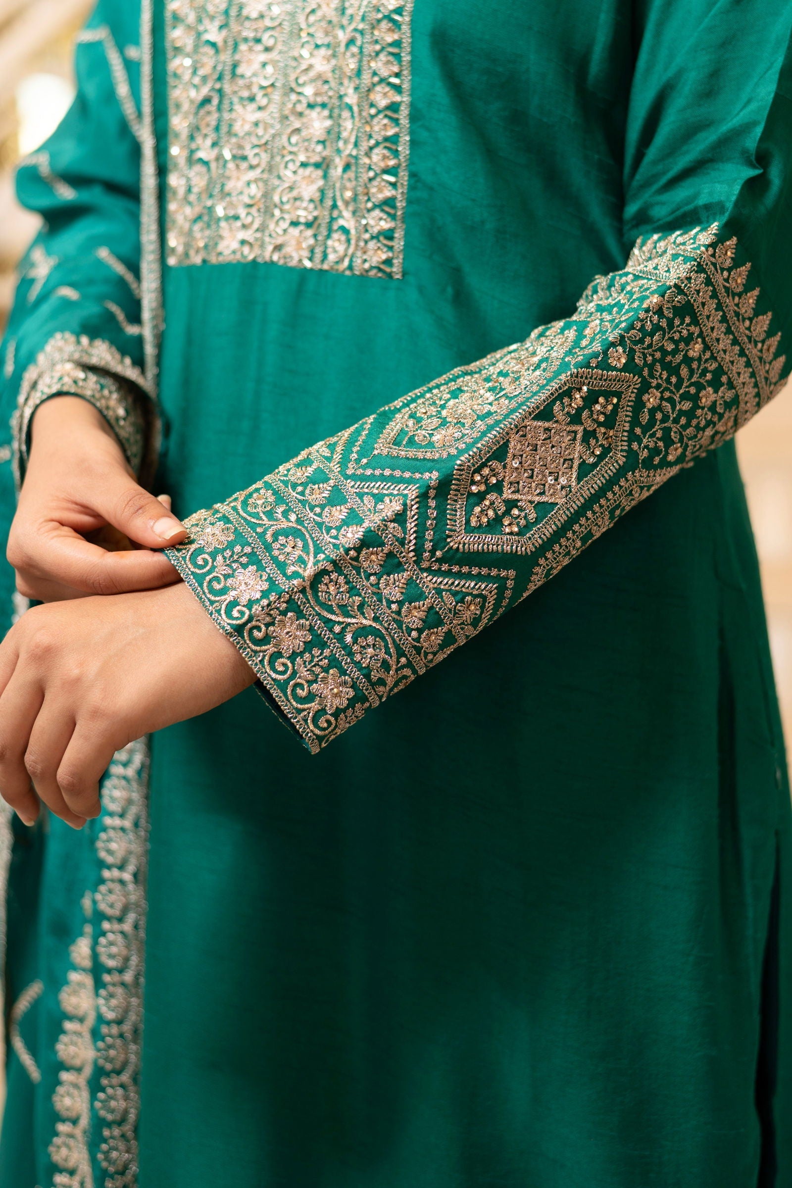 Teal Green Viscose Silk Embroidered  Kurta with Flared Palazzo Set - Mayrake.in
