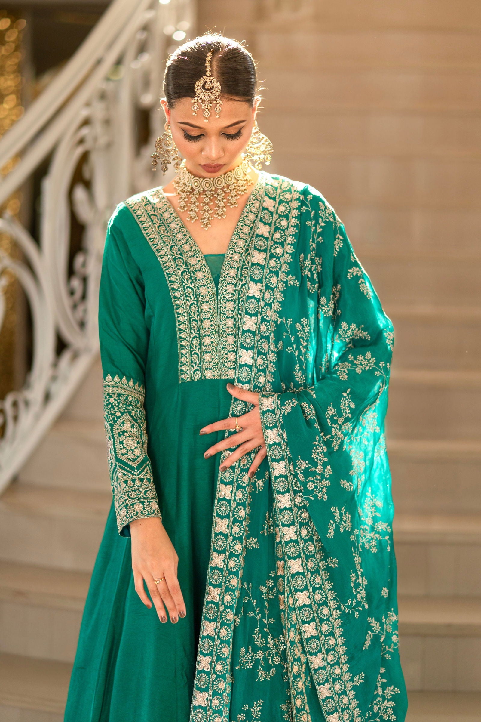 Teal Green Viscose Silk Zari Embriodered Floor Length Anarkali Set - Mayrake.in